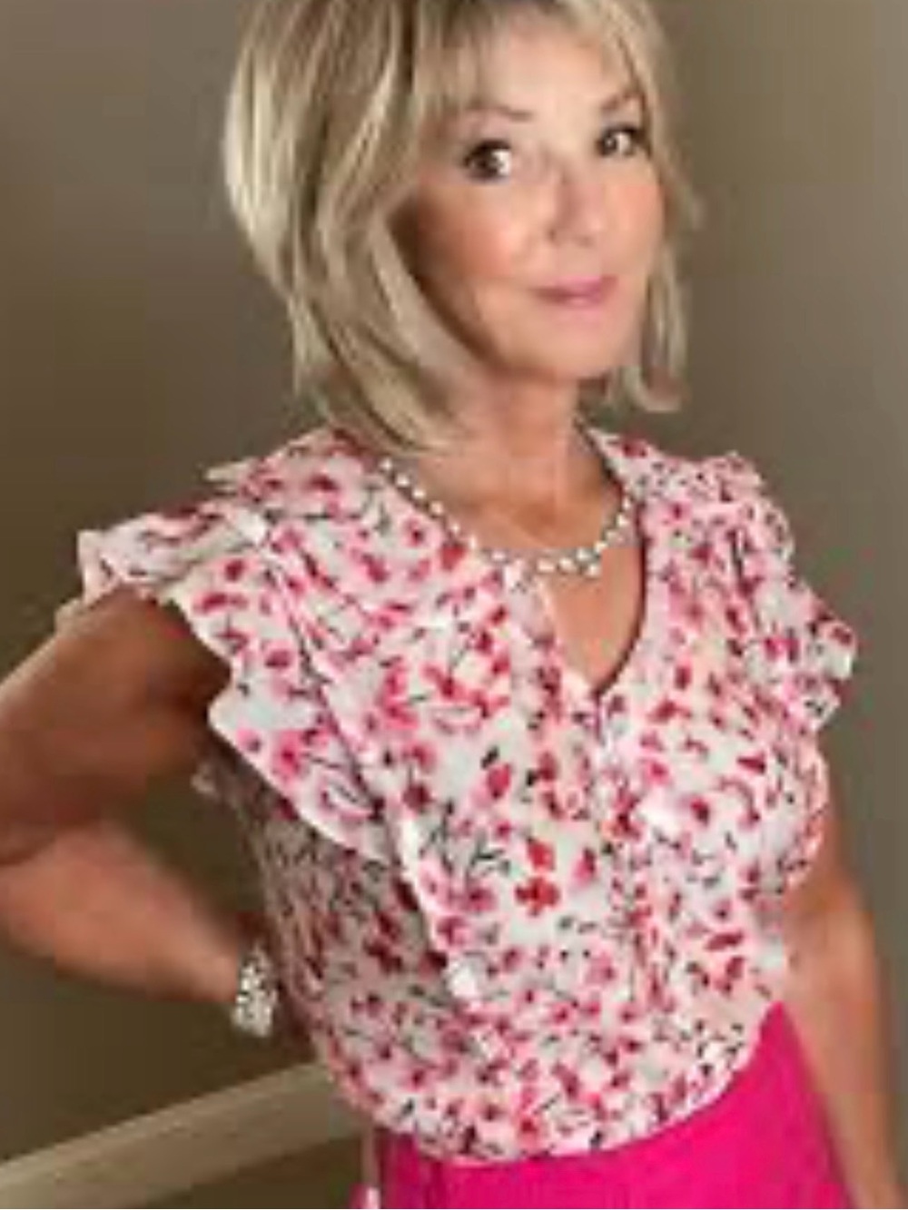 CAbi Besotted Top Pink and White Floral Ruffle Sleeve Blouse